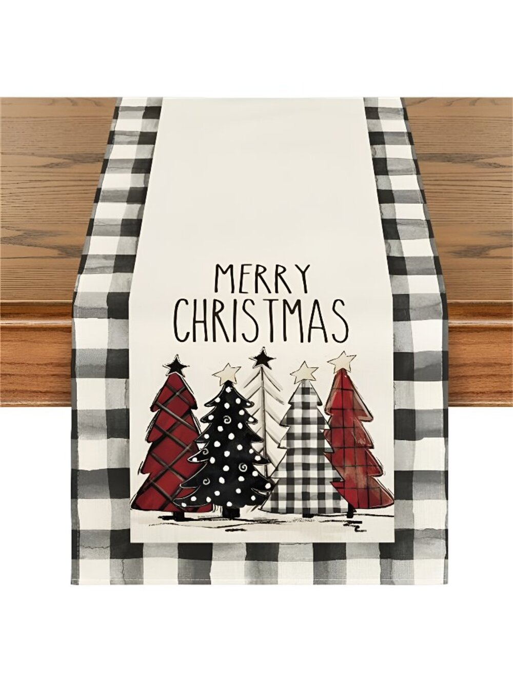 Watercolor Buffalo Plaid Christmas Trees Merry Xmas Table Runner 13 x 72 Inch